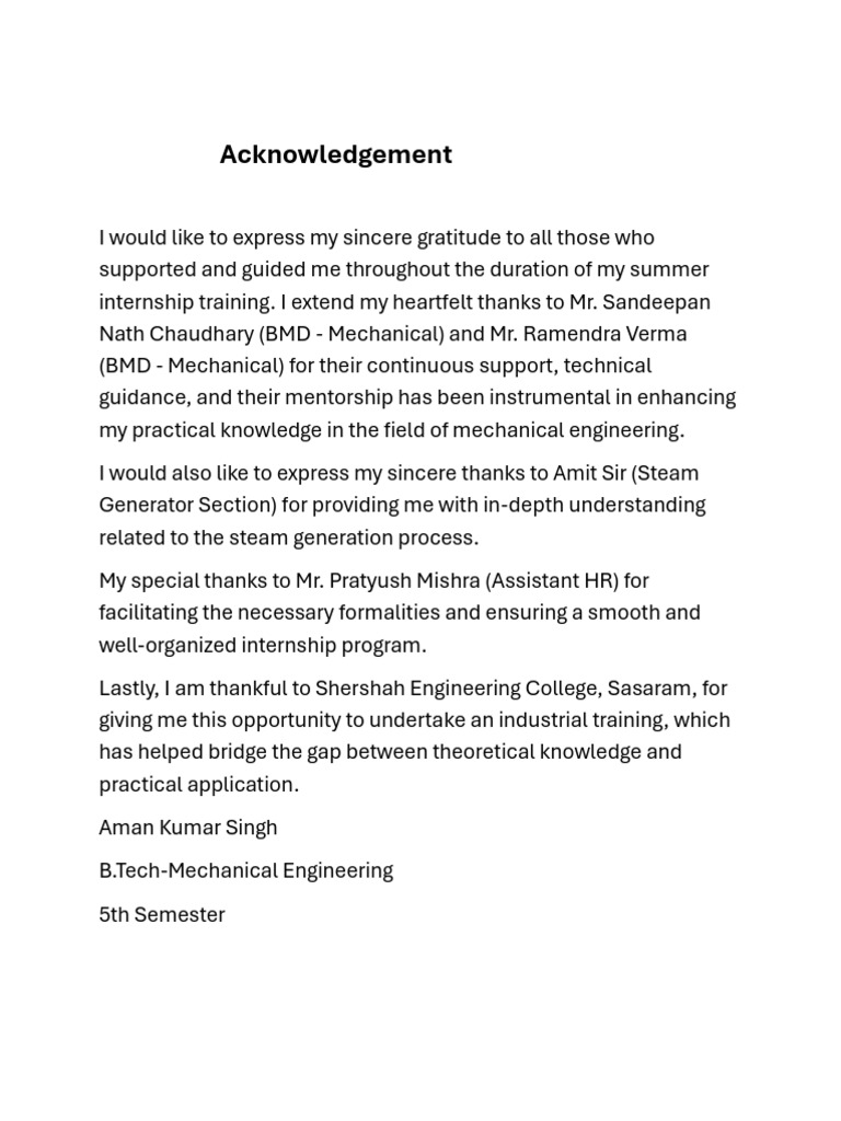 Internship Acknowledgements in Engineering | PDF
