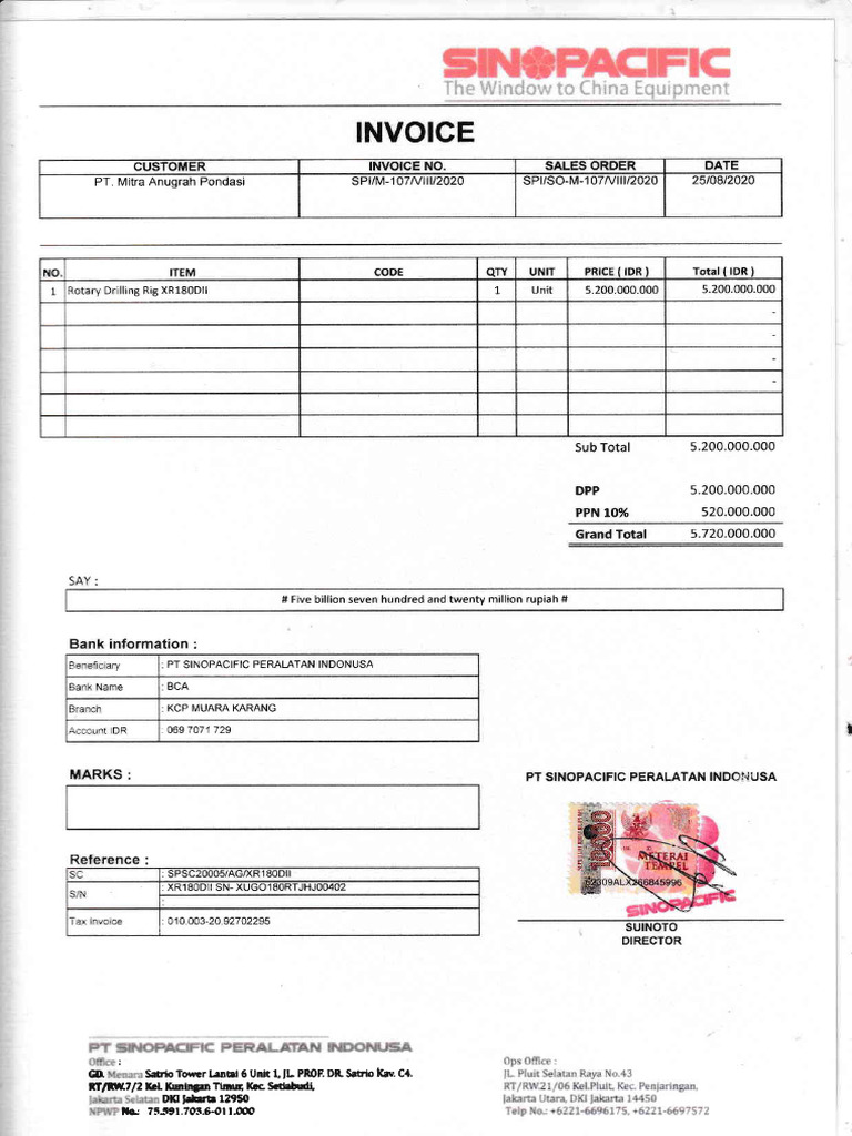 Invoice for Drilling Rig Purchase | PDF