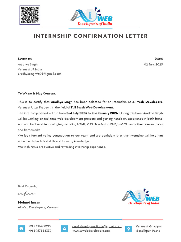 Internship Confirmation for Aradhya Singh | PDF