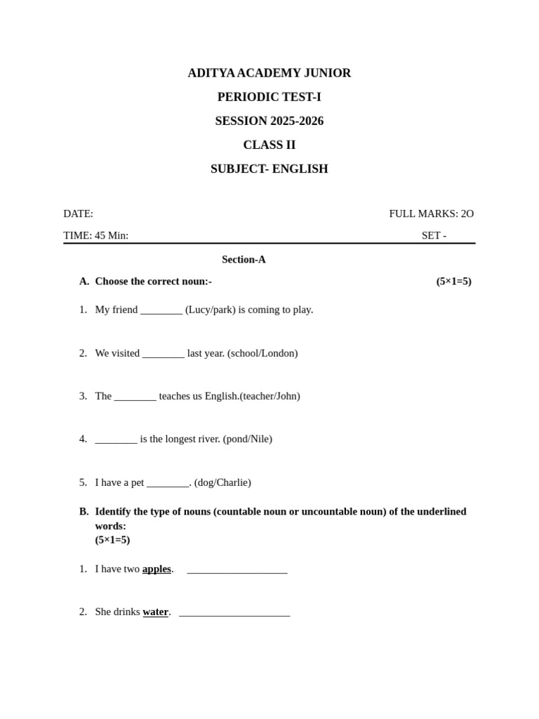 Class 2 English Periodic Test 2025 | PDF