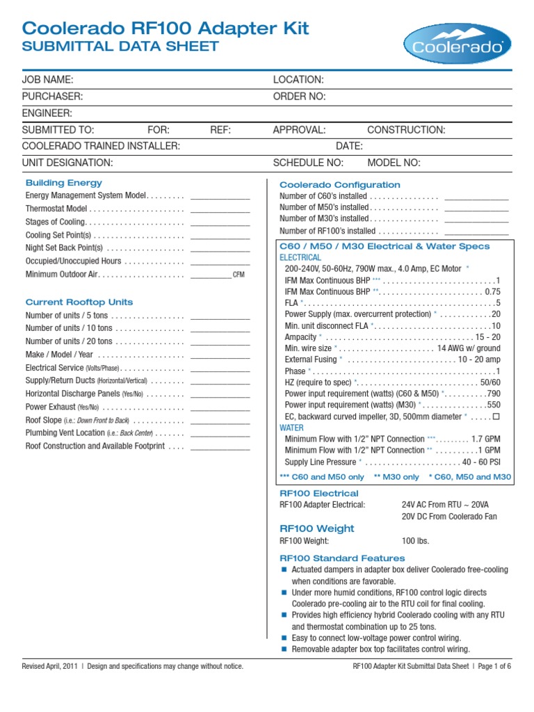 RF100 Submittal 7 2011 PDF Air Conditioning Hvac