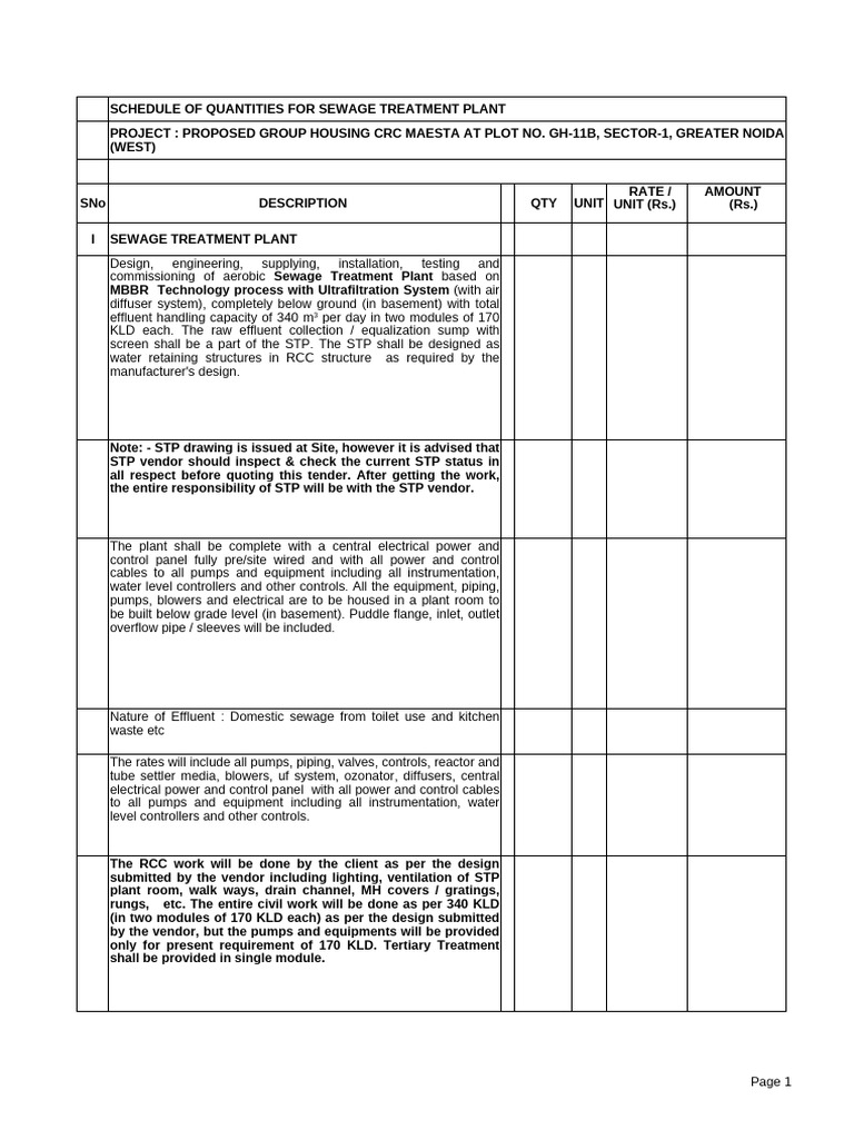 Sewage Treatment Plant Quantity Schedule | PDF | Sewage Treatment ...