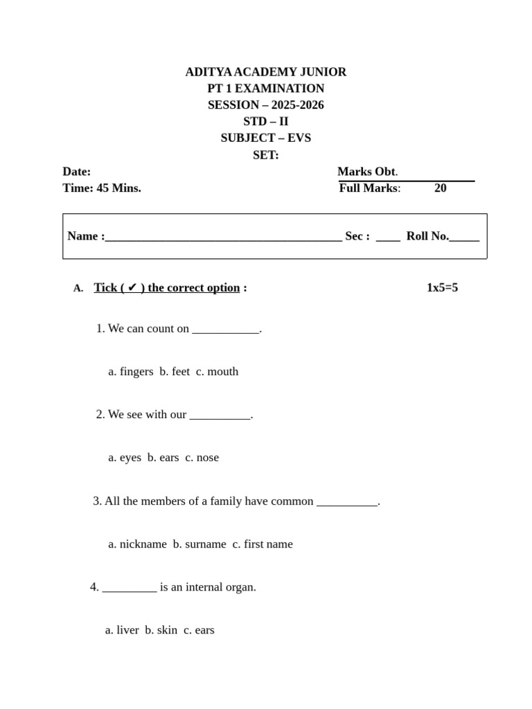Class 2 EVS Examination Paper 2025-26 | PDF