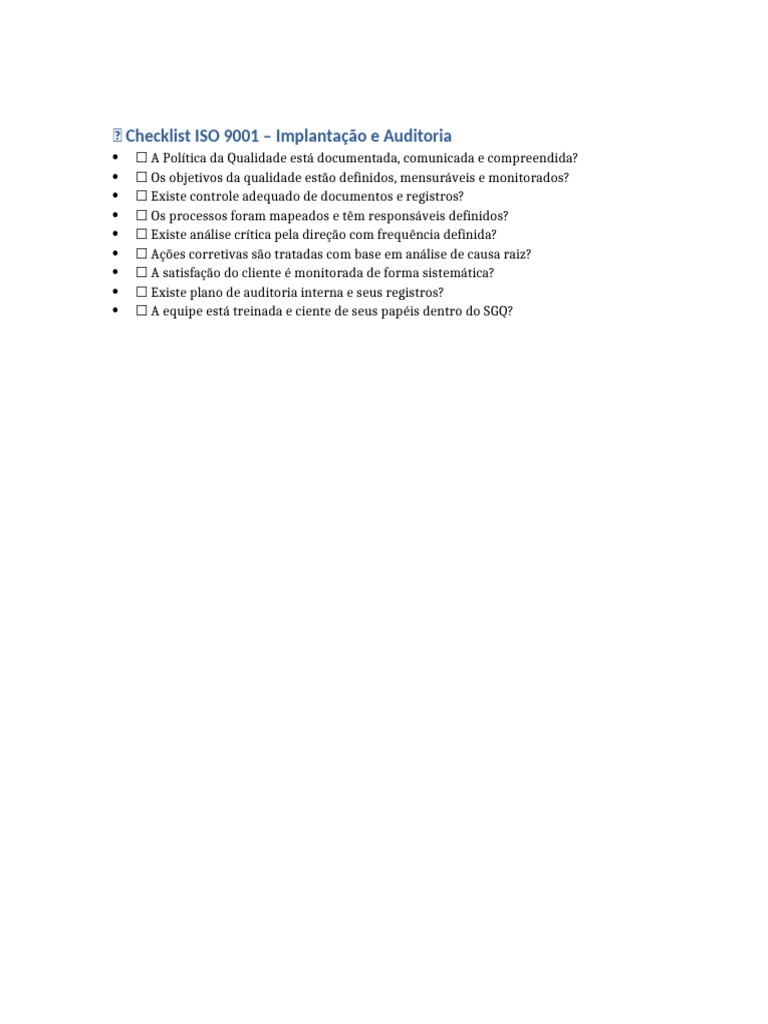 Checklist ISO 9001: Qualidade e Auditoria | PDF