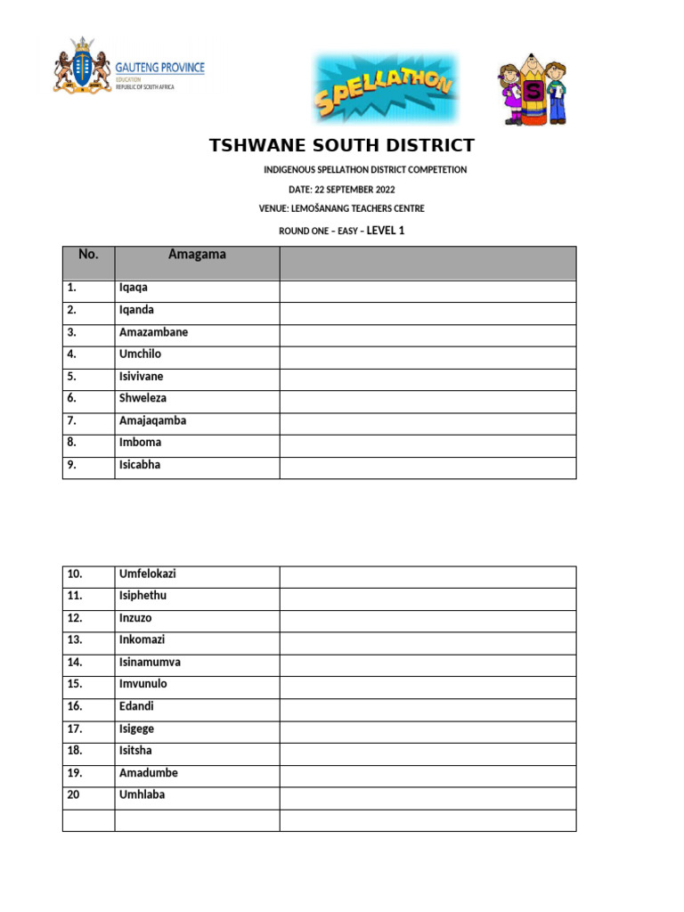 Isizulu Spellathon - Tshwane South District - 2022 | PDF