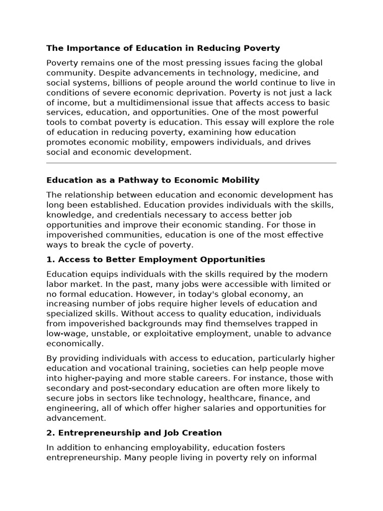 Education's Role in Poverty Reduction | PDF | Poverty | Poverty ...