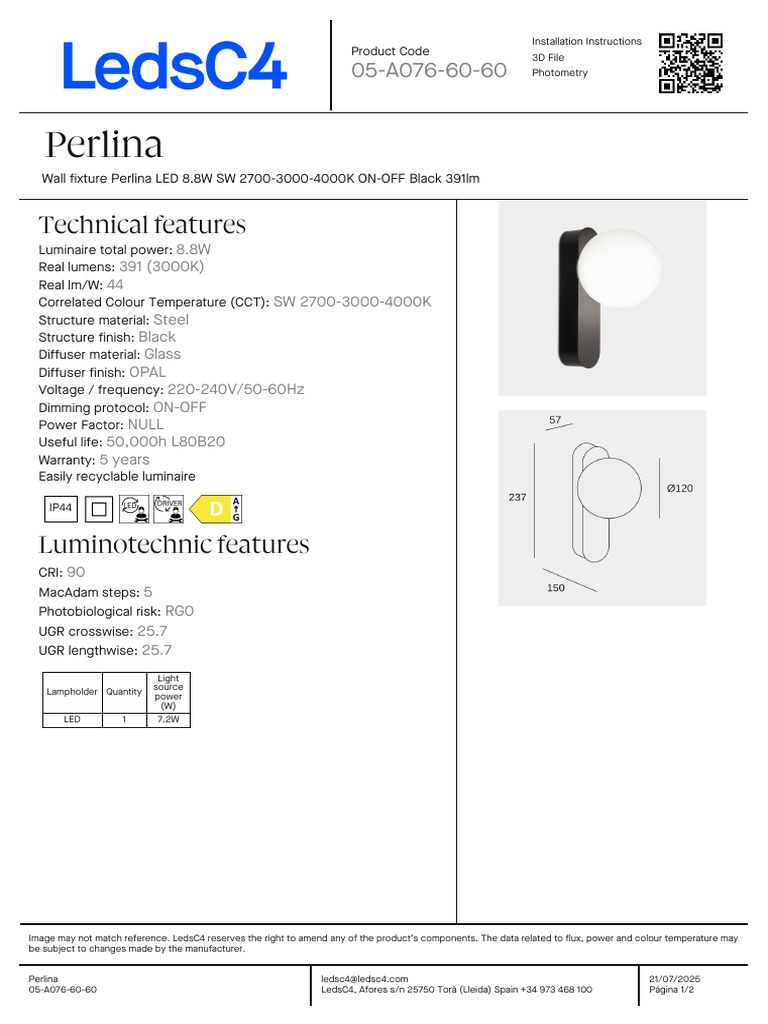 Perlina: Technical Features | PDF | Electromagnetic Radiation | Lighting
