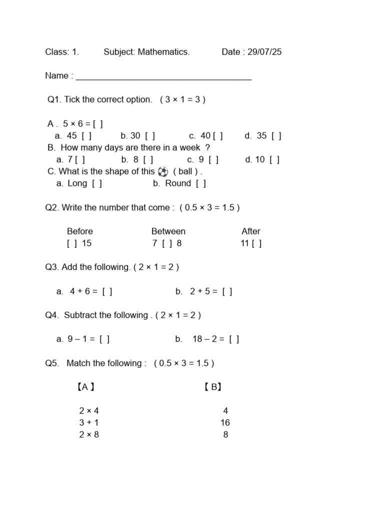 Grade 1 Maths Worksheet | PDF