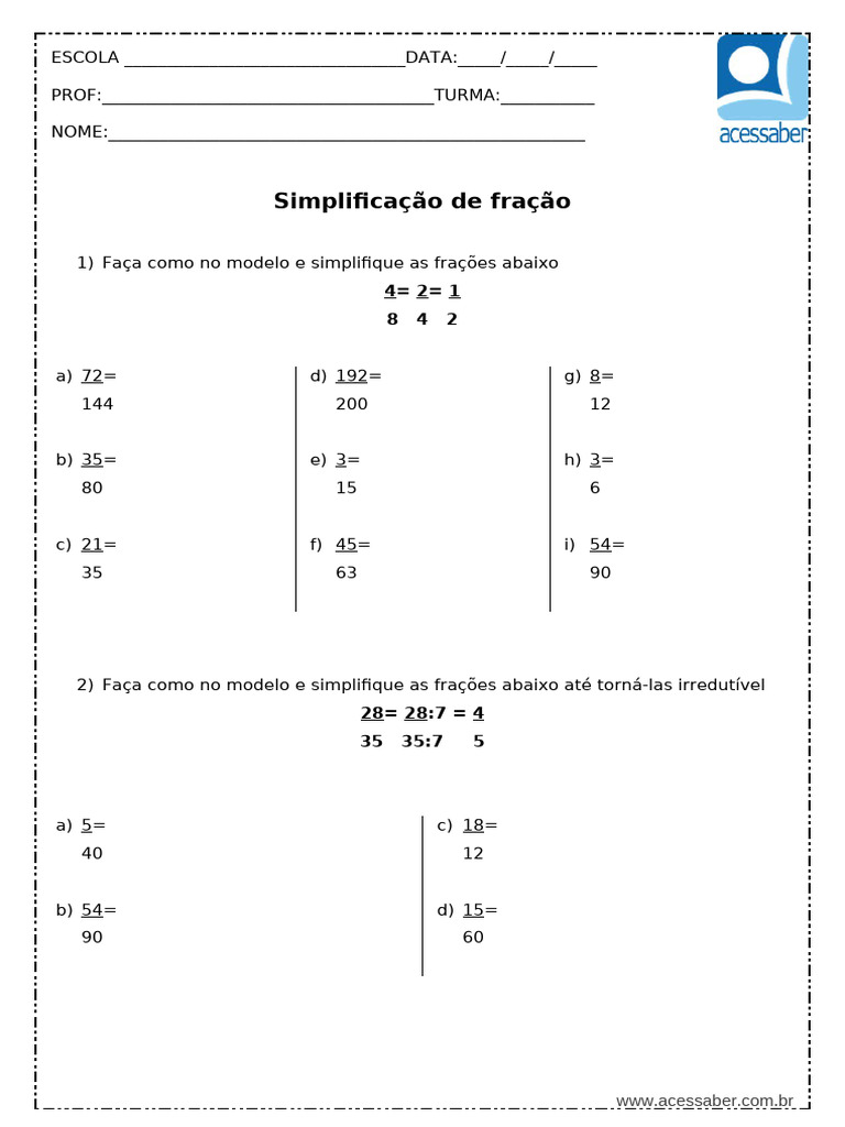 Exercícios de Simplificação de Frações | PDF