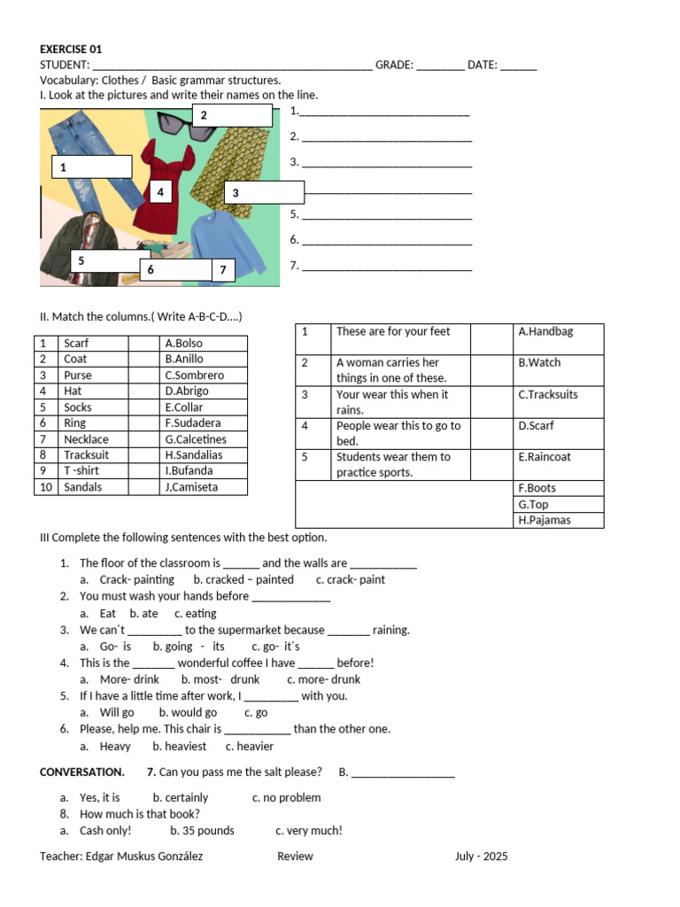Vocabulary and Grammar Exercise: Clothes | PDF | Chess Openings | Chess