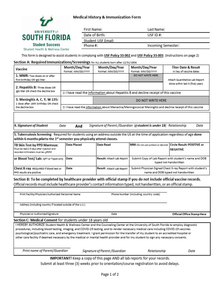 USF Medical History & Immunization Form | PDF | Vaccination | Immunology