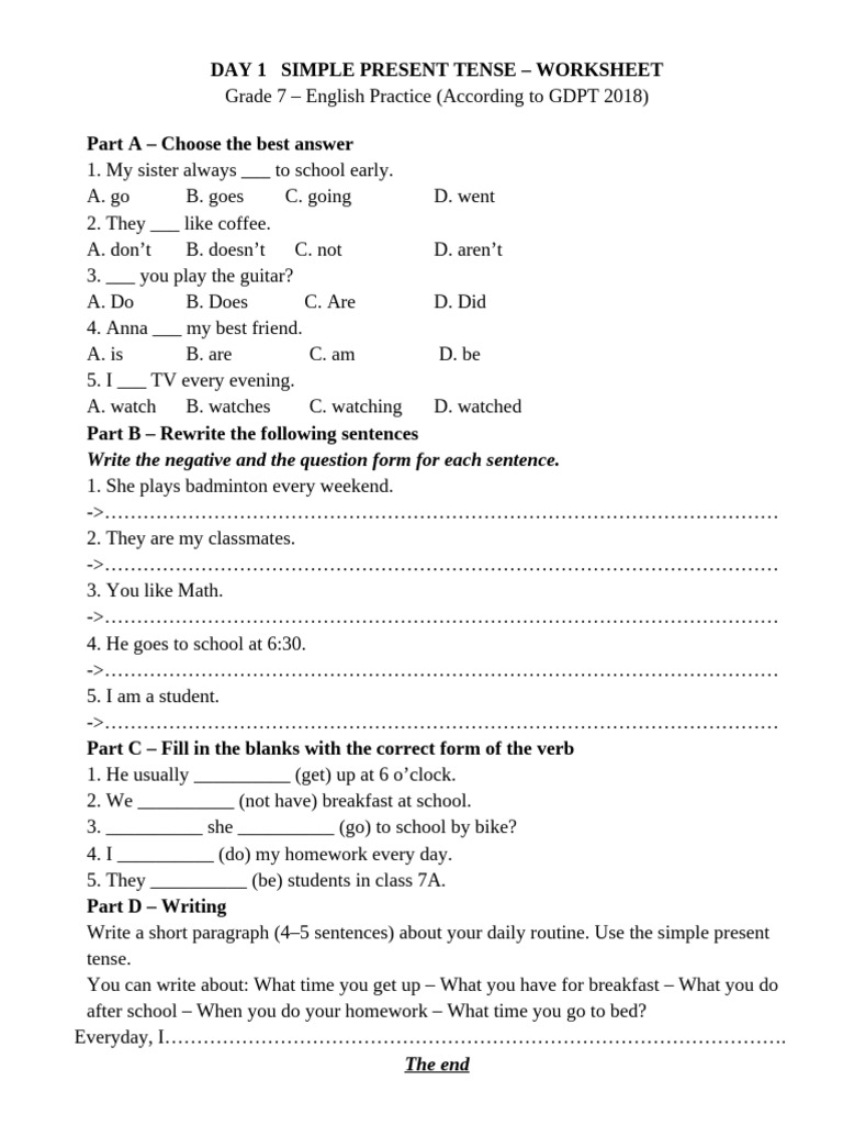 Grade 7 Simple Present Worksheet | PDF
