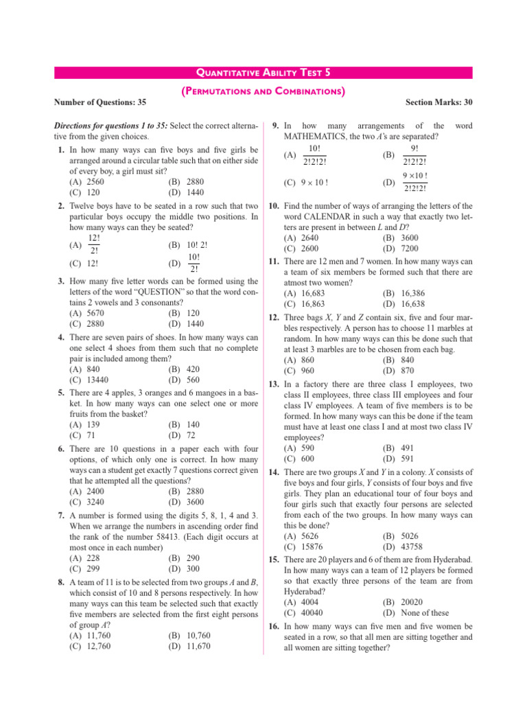 Arrangements and Combinations Problems | PDF