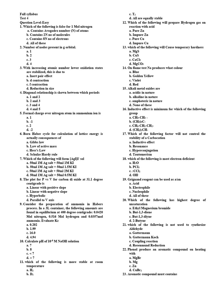 Chemistry Test Questions and Answers | PDF | Chemical Reactions | Acid