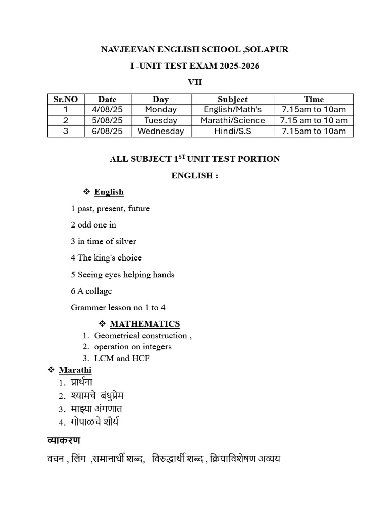 Navjeevan School Unit Test Schedule 2025 | PDF