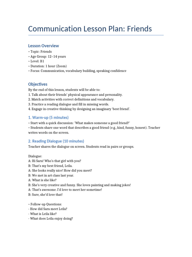 Communication Lesson Plan: Friends | PDF | Learning | Human Communication
