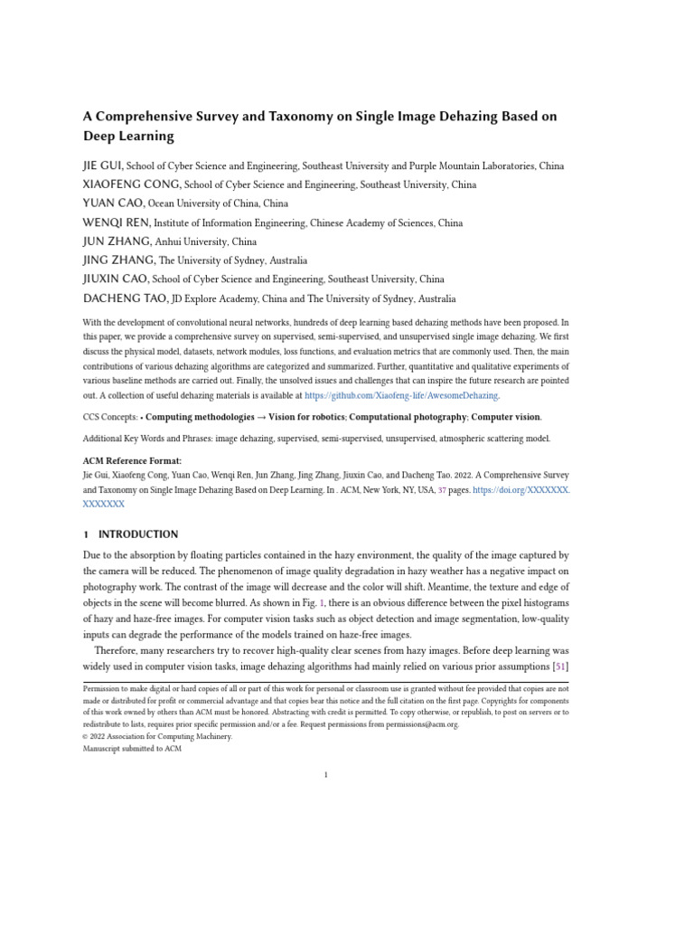 Deep Learning for Image Dehazing Survey | PDF | Deep Learning | Applied ...