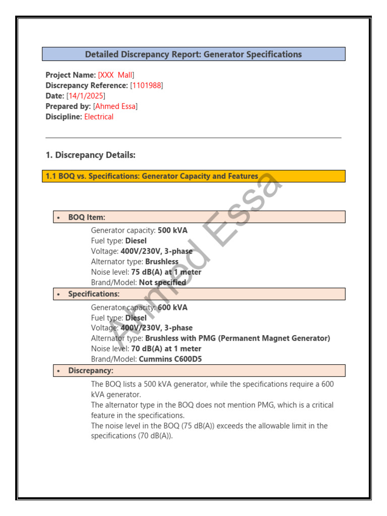 Generator Specifications Discrepancy Report | PDF | Electricity ...