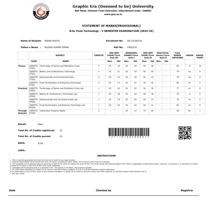 B.Sc Food Technology V Semester Marks Sheet | PDF