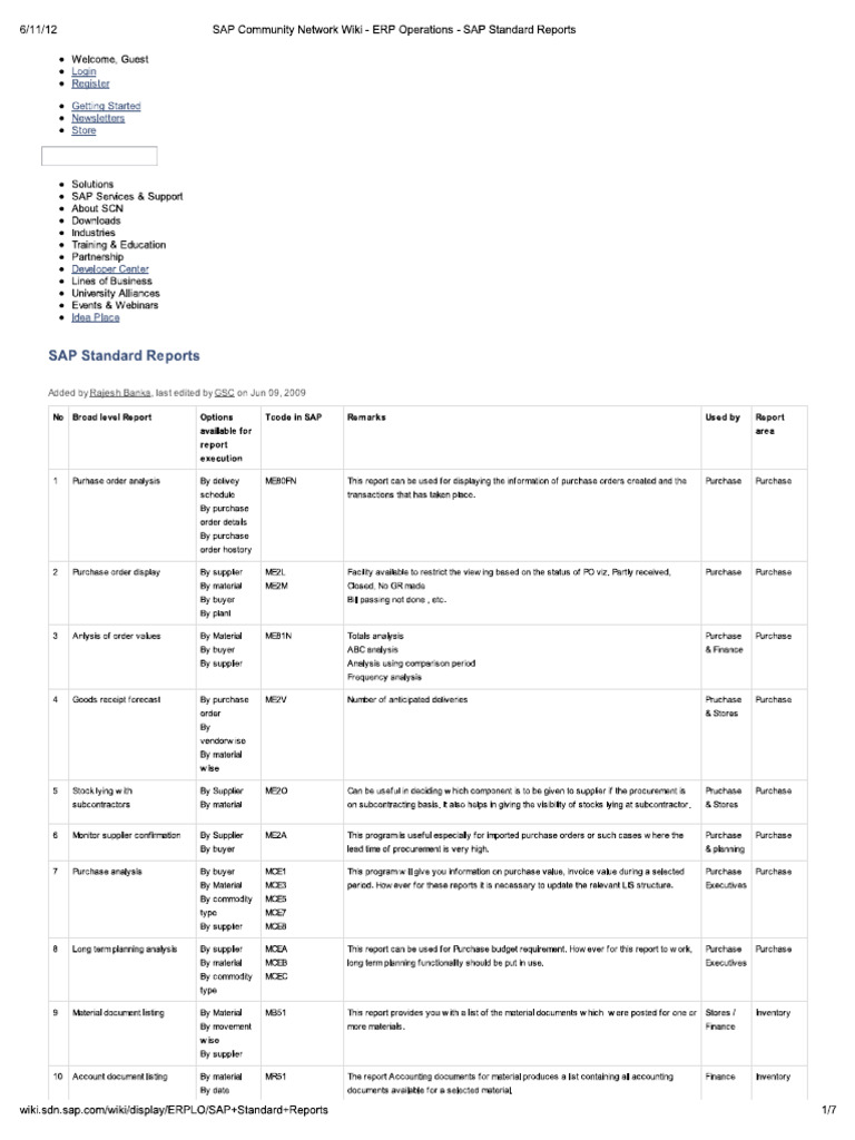 SAP Standard Reports - MM | PDF