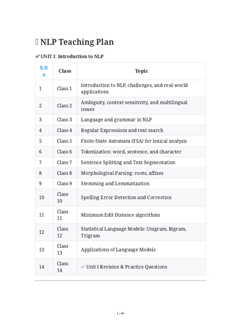 NLP Teaching Plan With UNIT 1 | PDF | Parsing | Morphology (Linguistics)