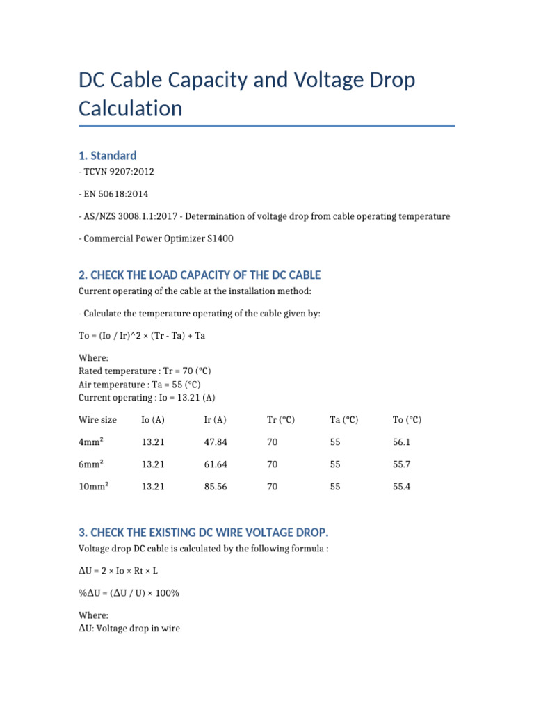 DC Cable Capacity and Voltage Drop Guide | PDF