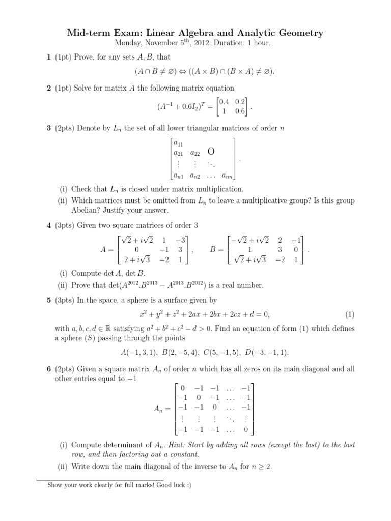 Linear Algebra Mid-term Exam Questions | PDF | Matrix (Mathematics ...