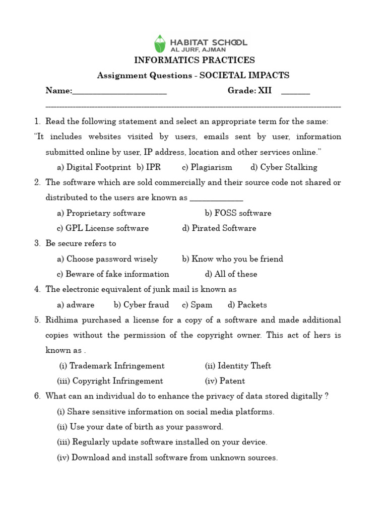 Informatics Practices: Societal Impacts Quiz | PDF | Copyright ...