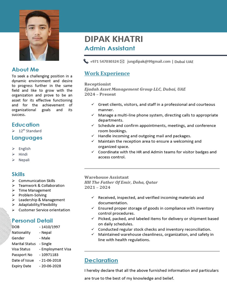 Dipak Khatri: Admin Assistant Profile | PDF | Warehouse | Inventory