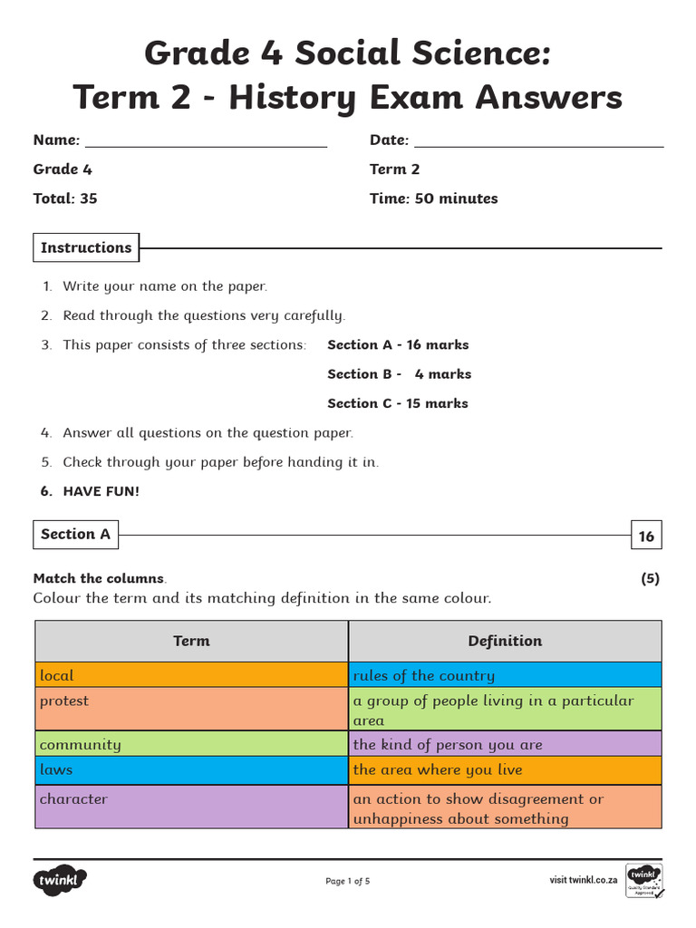 Grade 4 Term 2 History Exam Answers | PDF | Mahatma Gandhi
