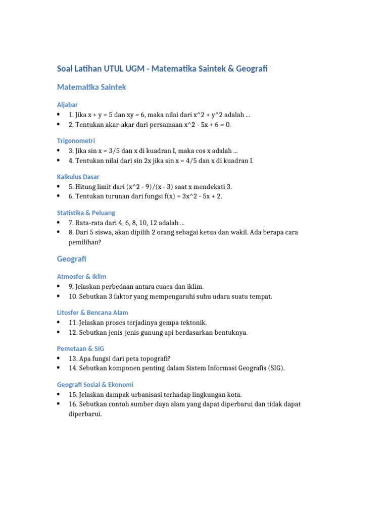 Soal UTUL UGM: Matematika & Geografi | PDF
