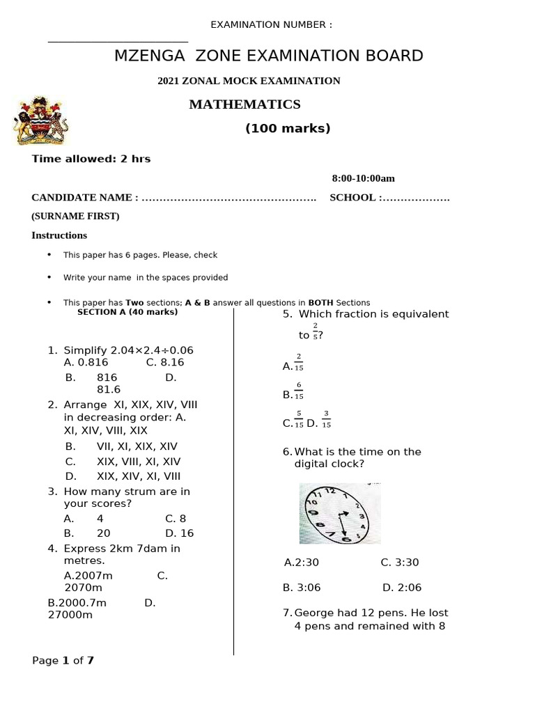 2021 Zonal Mock Mathematics Exam | PDF | Area | Euclidean Geometry