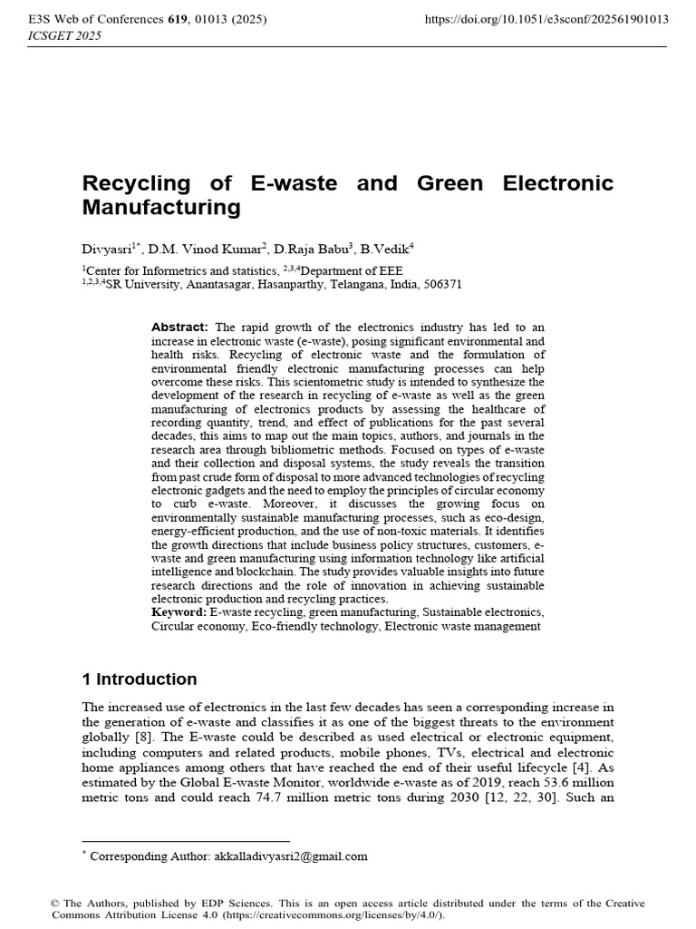 Recycling of E-Waste and Green Electronic Manufact | PDF | Electronic ...