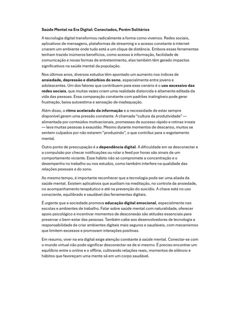 Saúde Mental na Era Digital: Desafios e Soluções | PDF | Saúde mental ...