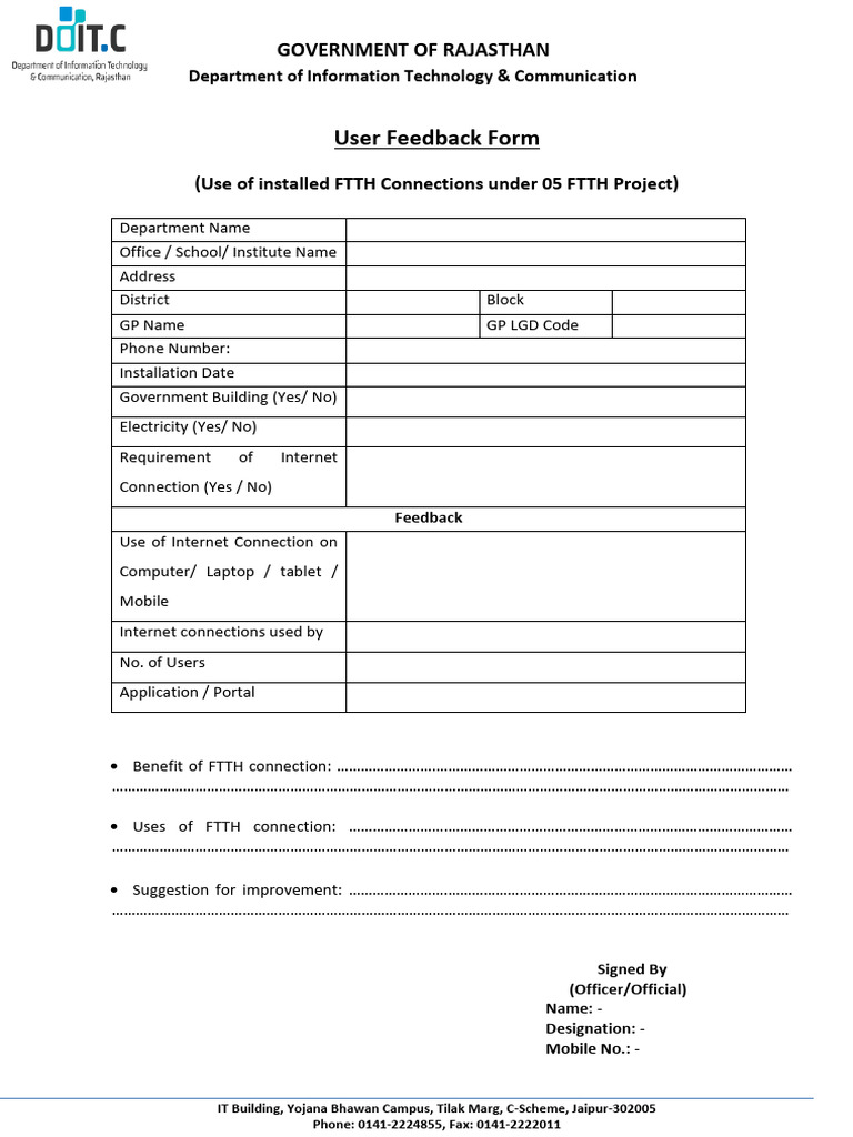 Rajasthan FTTH User Feedback Form | PDF