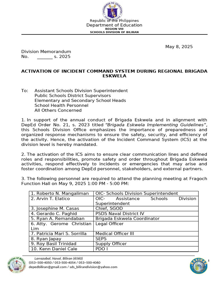 ICS Activation for Brigada Eskwela | PDF | Incident Command System
