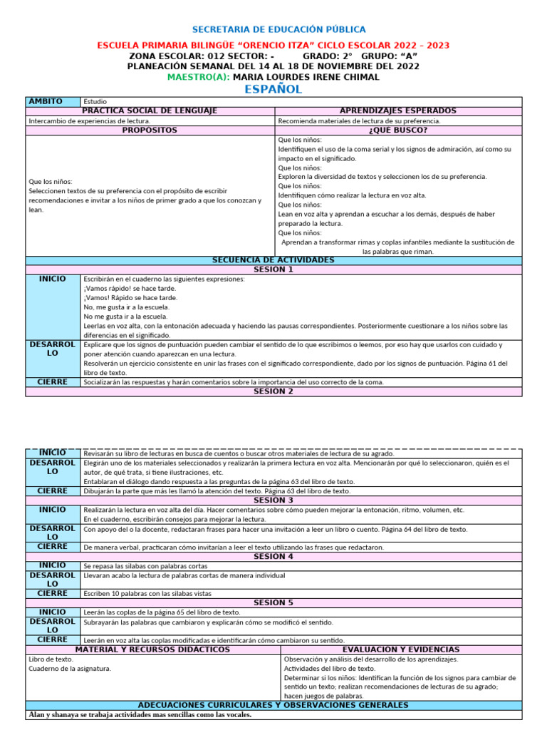 Planeación Semanal 2° Grado Primaria | PDF | Plan de estudios