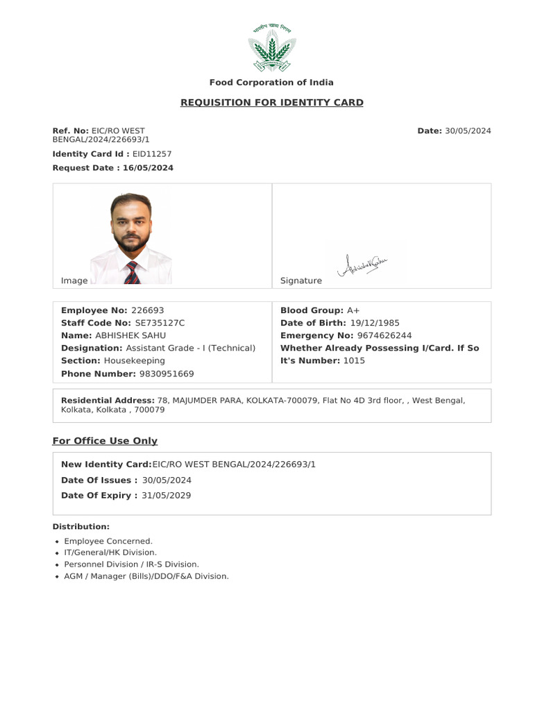 Identity Card Requisition - FCI Employee | PDF