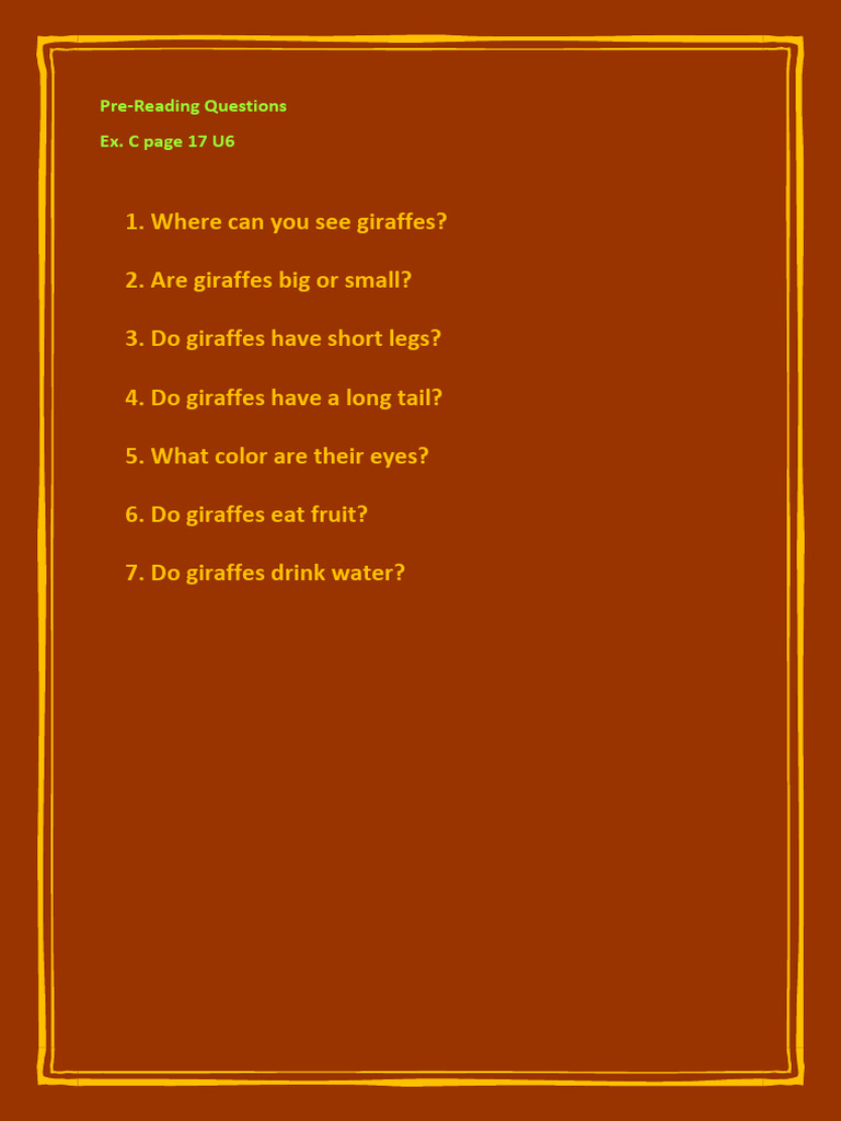 Pre-Reading - Giraffes Activity Ex. C P. 17 | PDF