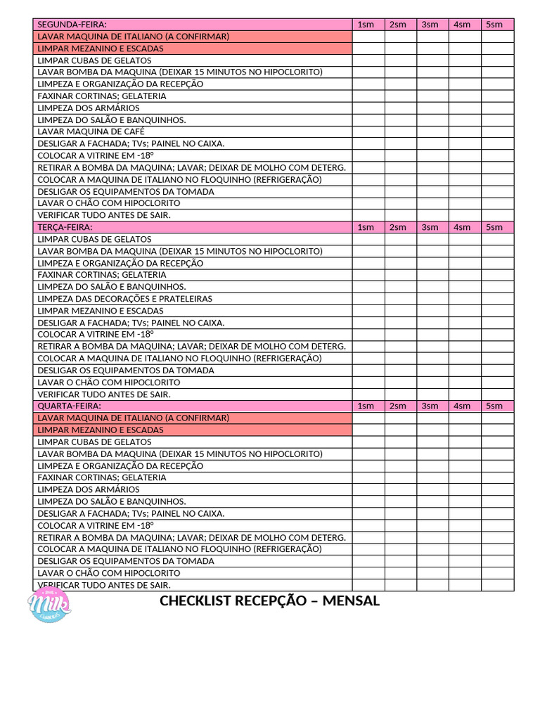 Checklist Semanal de Recepção | PDF
