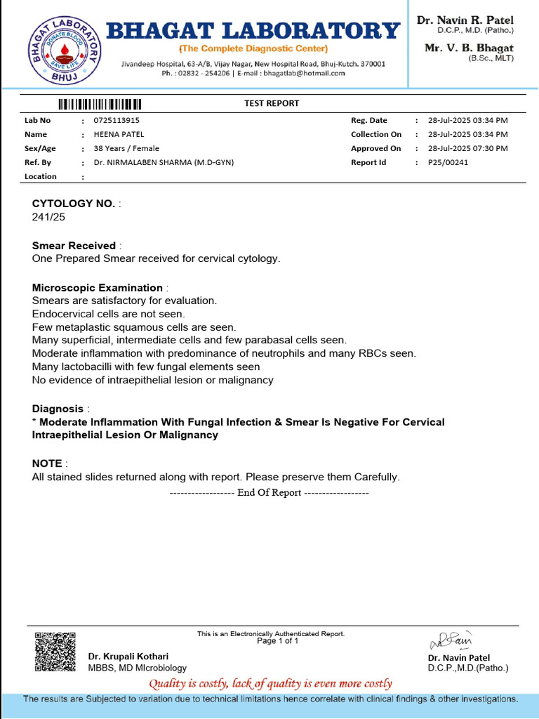 Cervical Cytology Test Report Summary | PDF