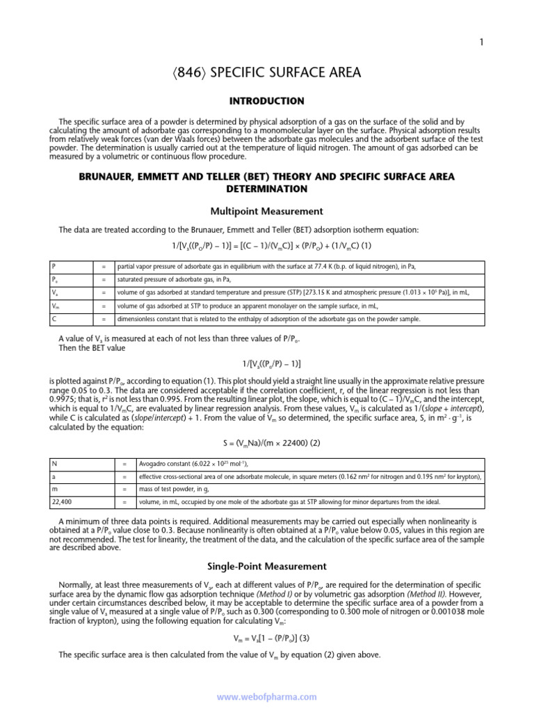 USP 846: Specific Surface Area Methods | PDF | Adsorption | Physical ...