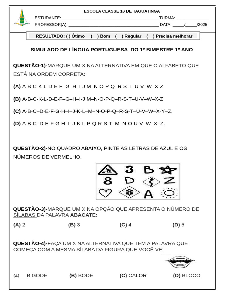 Simulado de Português 1º Ano Taguatinga | PDF