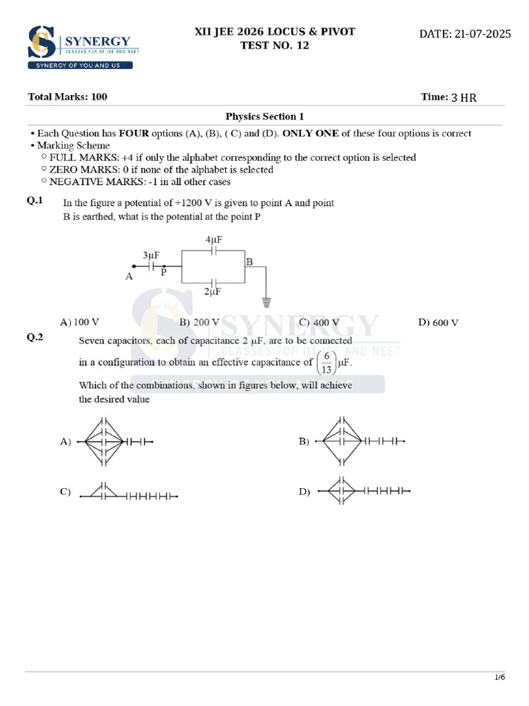 Xii Jee 2026 Locus & Pivot Test No. 12 Dated 21-7-25 | PDF | Chemical ...