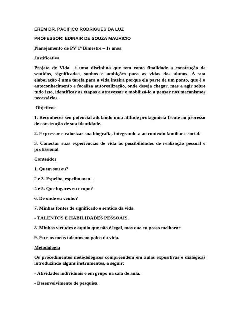 Planejamento de Projeto de Vida 1º Ano | PDF | Aprendizado | Sociologia