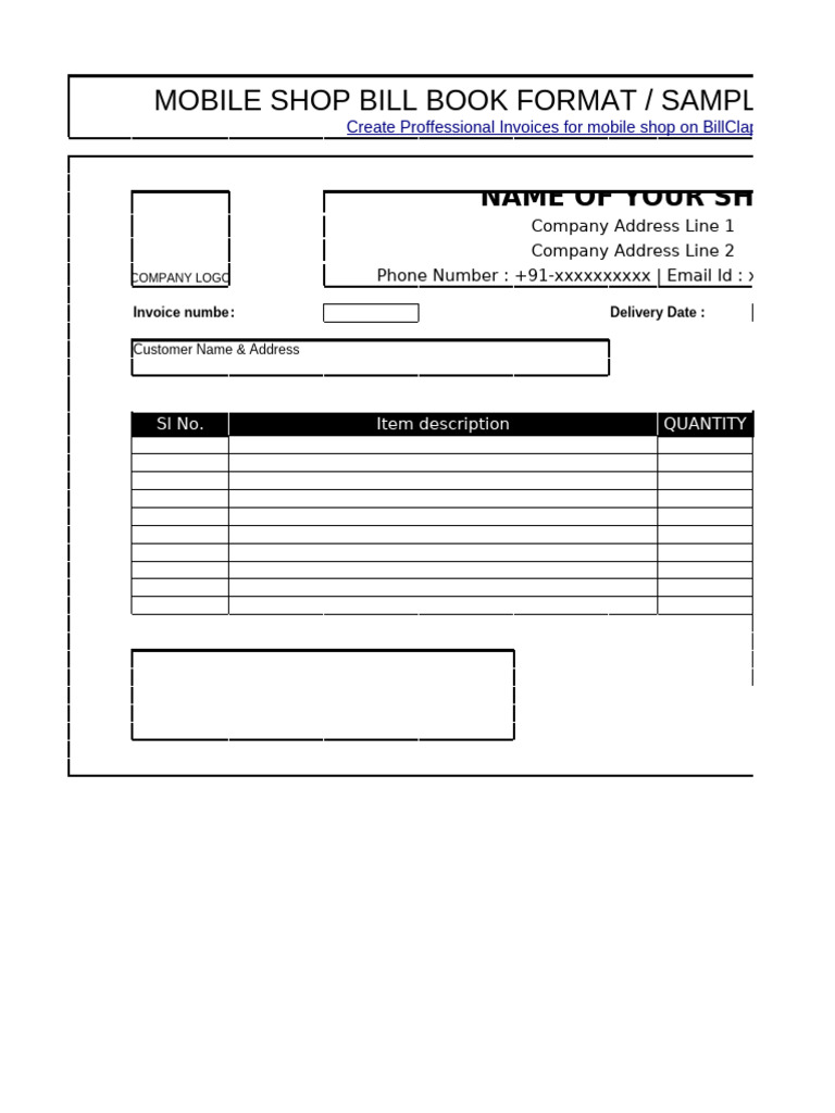 Mobile Shop Bill Book Template | PDF
