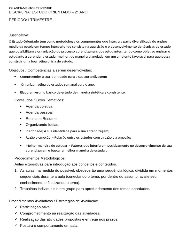 Planejamento de Estudo Orientado 2º Ano | PDF | Aprendizado | Planejamento