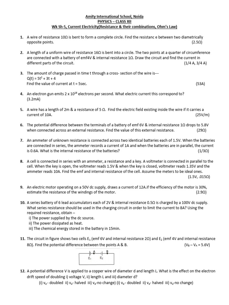 Current Electricity Problems for Class XII | PDF | Voltage | Electric ...