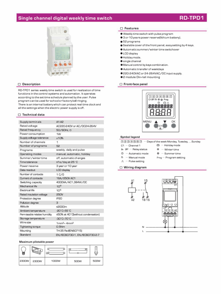 RD-TPD1 Weekly Time Switch Manual | PDF | Power Supply | Electrical ...