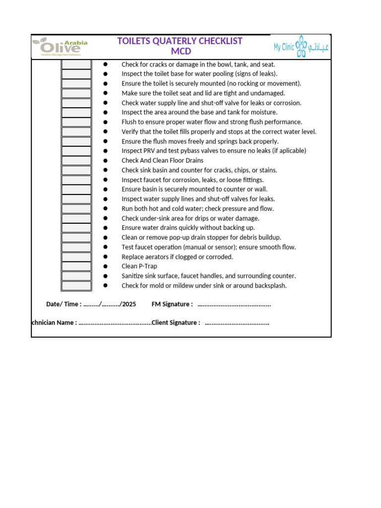 MCD Toilets Quarterly Inspection Checklist | PDF | Tap (Valve) | Leak